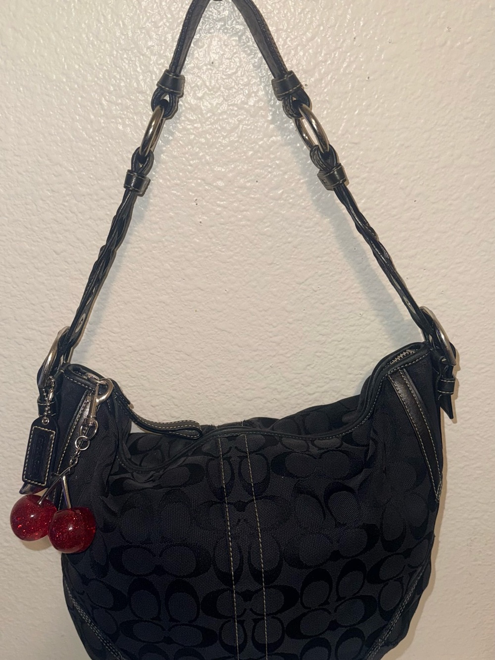 Coach Black Signature Hobo with Braided Strap and Cherry Charm